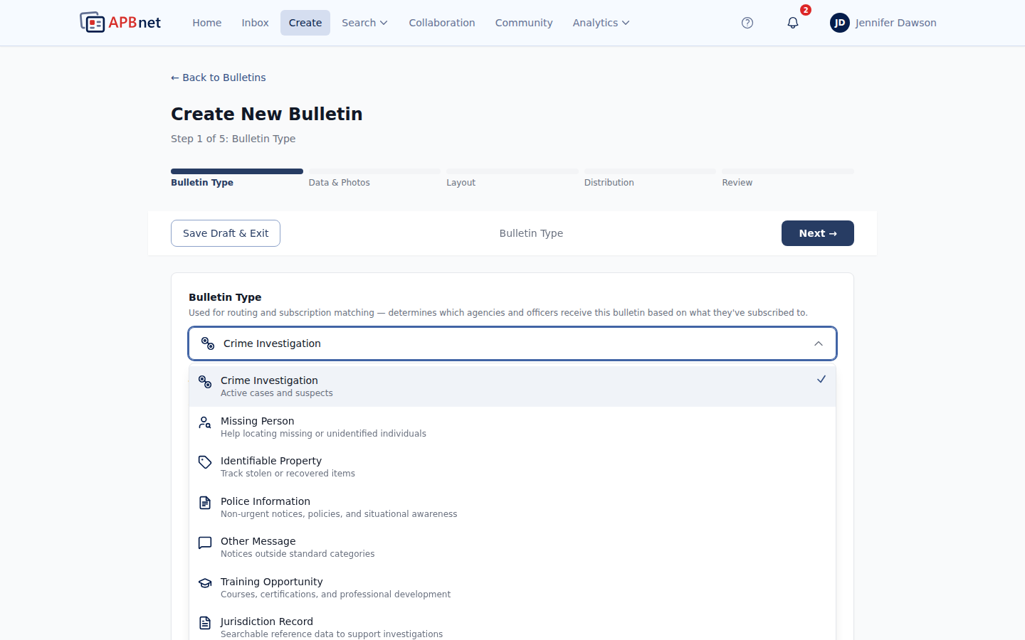 Bulletin type dropdown open, showing Training Opportunity in the list of selectable types
