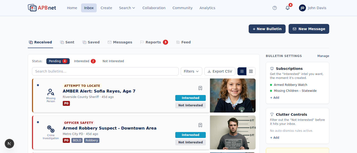 Inbox — all five tabs visible across the top: Received, Sent, Saved, Messages, Feed