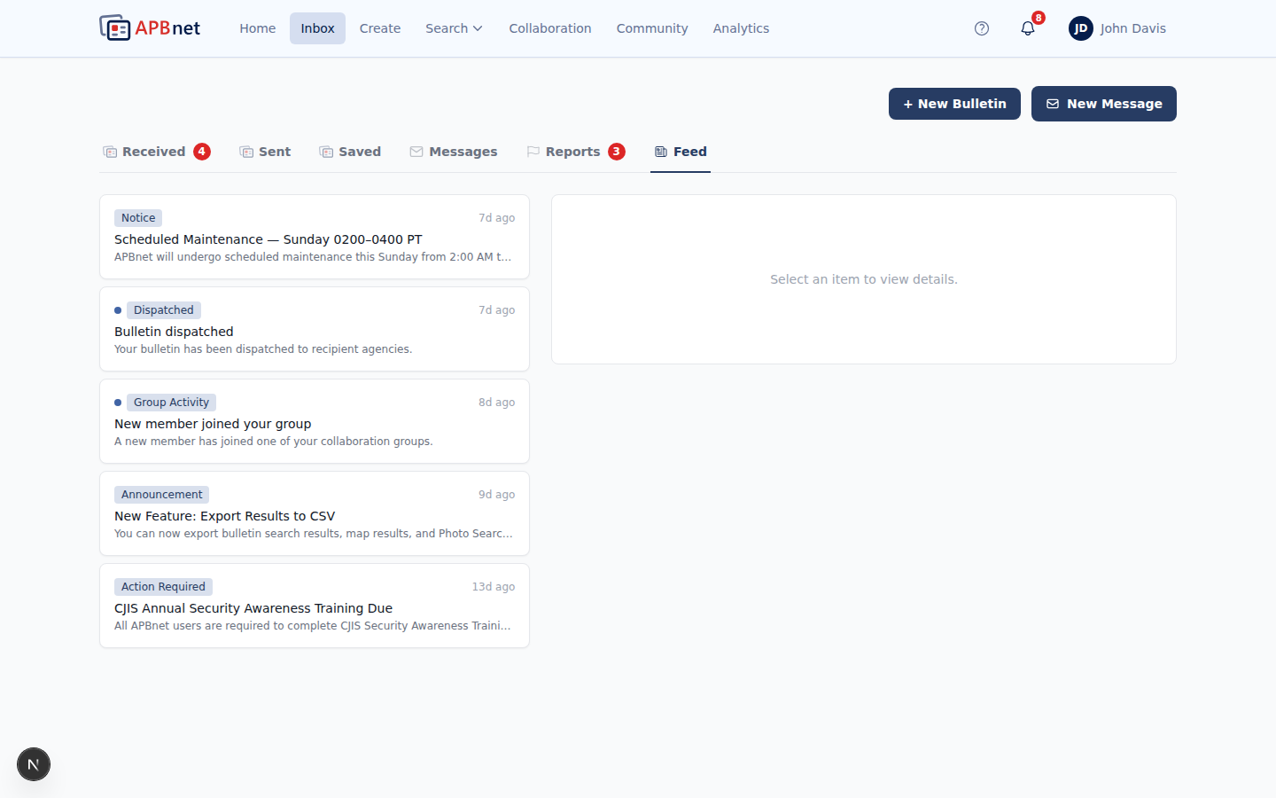 Inbox — Feed tab showing announcements, bulletin-approval notices, and collaboration activity