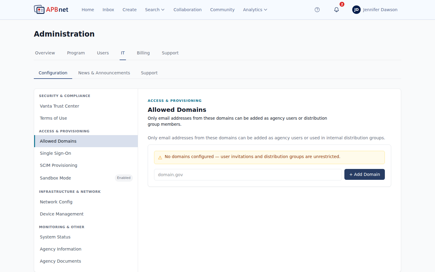 IT Admin settings — Allowed Domains tab showing the list of configured domains and an Add Domain button