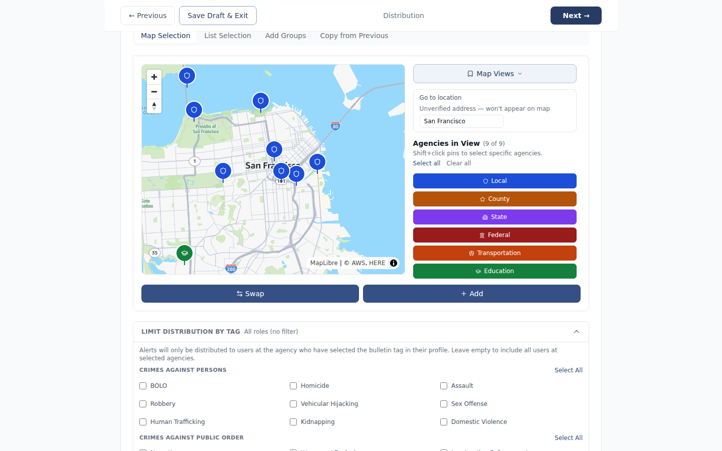 Map-Based Distribution — tag-based delivery toggle enabled with example tags selected