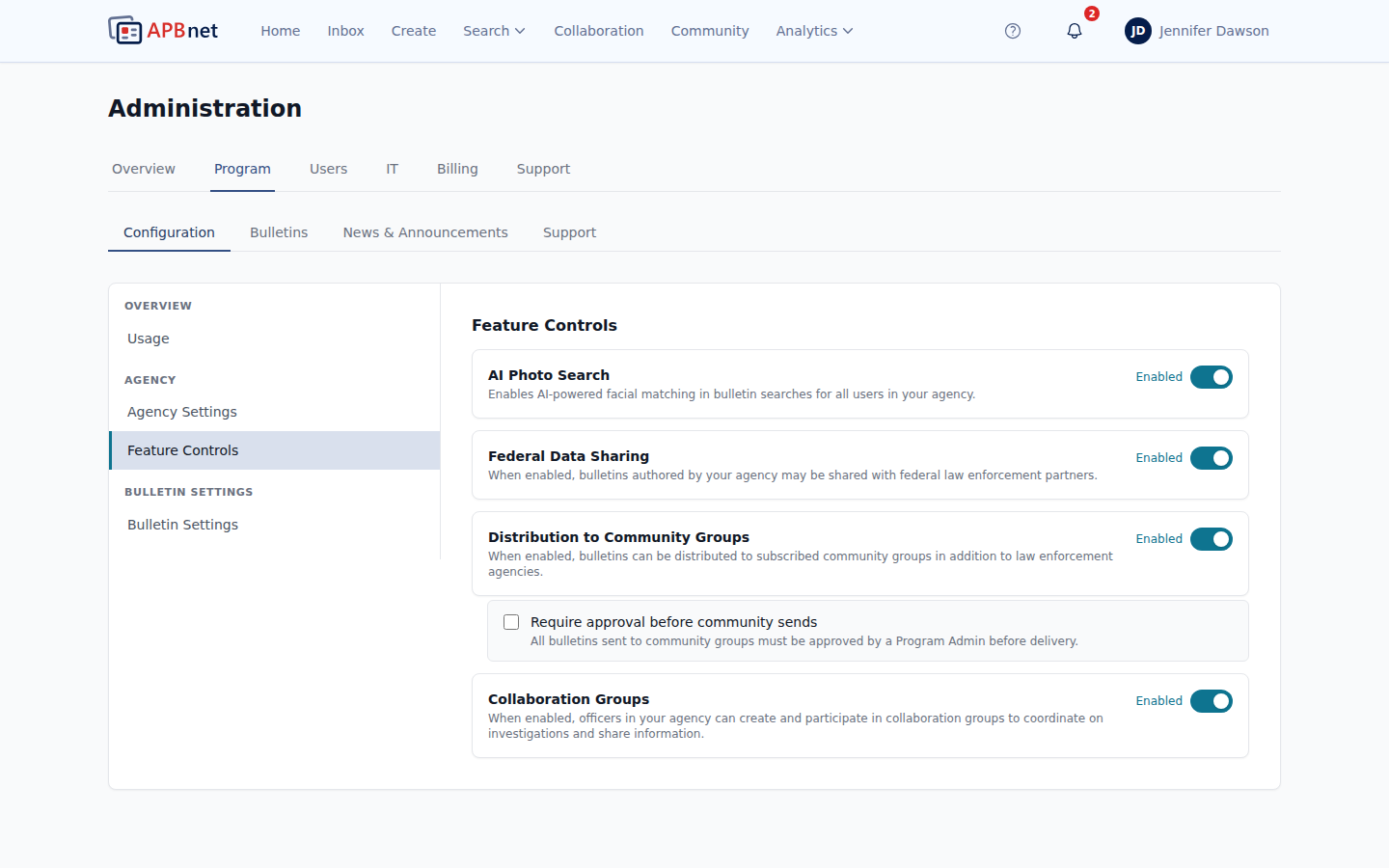 Program Admin Feature Access panel showing all features with on/off toggles and brief descriptions