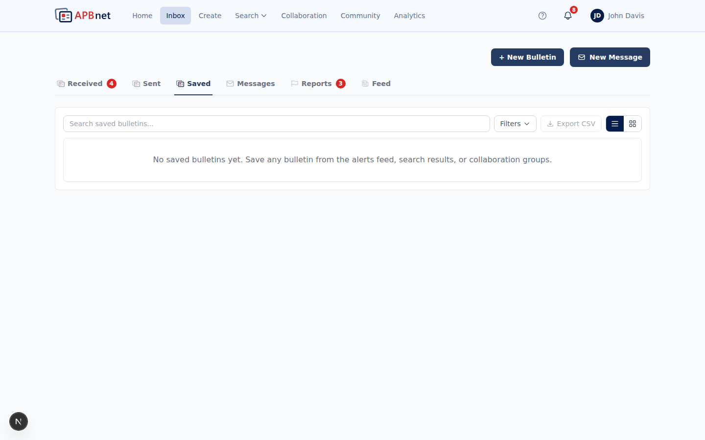 Inbox Saved tab showing a list of bookmarked bulletins with type, subject, agency, and saved date