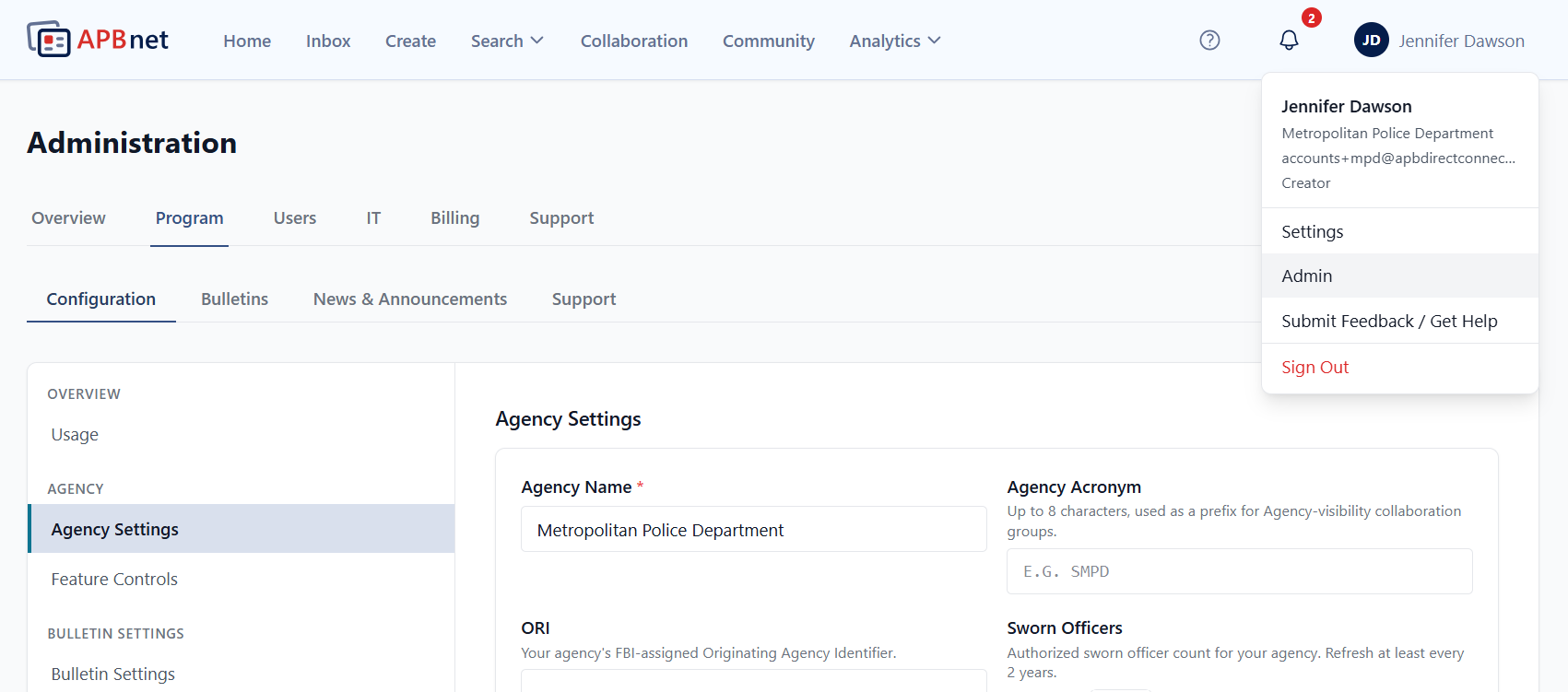 Profile menu → Admin → Program → Agency Settings