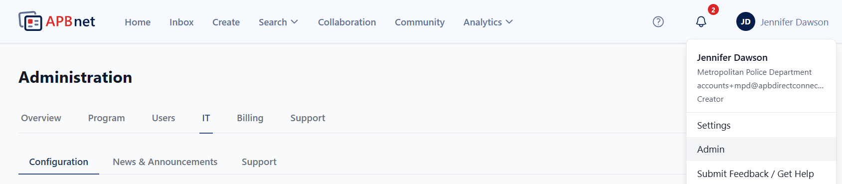 Profile menu → Admin → IT → Configuration
